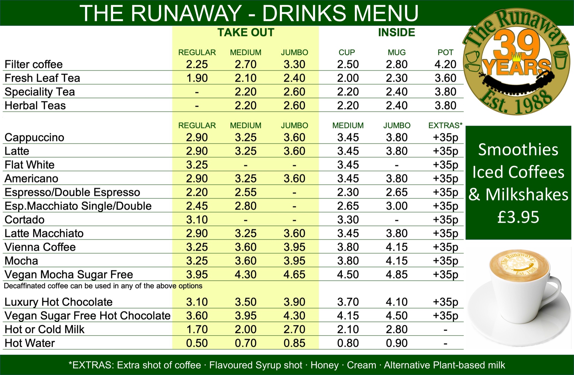 September 2026 drinks menu showing takeaway and inside prices